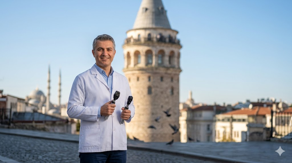  طبيب عيون يبتسم أمام برج غالاتا في اسطنبول، يرمز لتوفر أفضل سعر عملية الفيمتو ليزك بالدولار في تركيا.