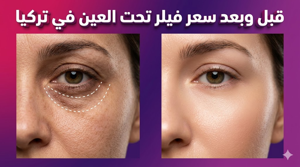 مقارنة قبل وبعد توضح نتائج و سعر فيلر تحت العين في تركيا مع تحسن ملحوظ في الهالات.