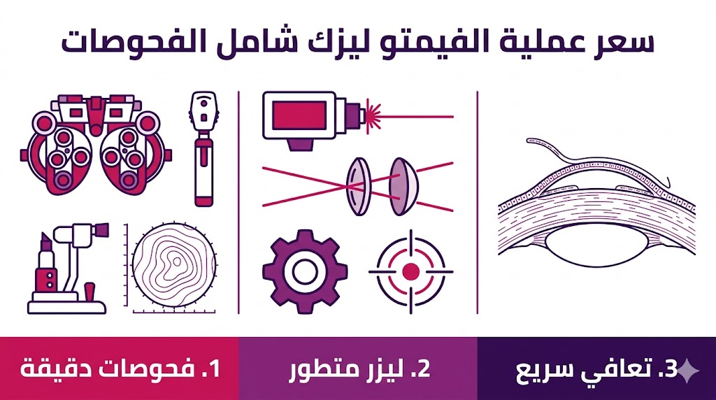  إنفوجرافيك طبي يوضح مراحل العملية و سعر عملية الفيمتو ليزك شامل الفحوصات بالتفصيل.