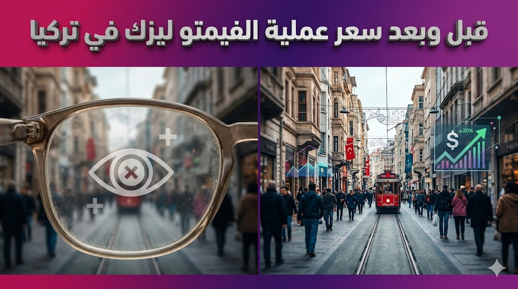 مقارنة قبل وبعد توضح تحسن الرؤية بعد معرفة سعر عملية الفيمتو ليزك في تركيا وإجراء العملية بنجاح.