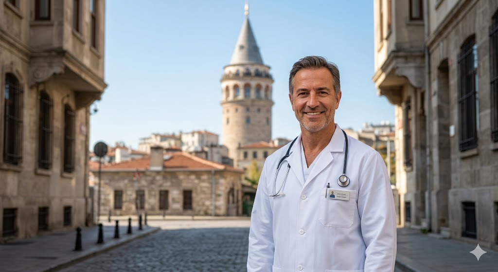  طبيب عيون متميز يقف أمام برج غالاتا في إسطنبول للترويج عن سعر عملية الفيمتو ليزك في تركيا.