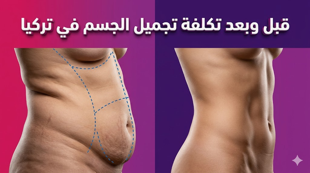 مقارنة قبل وبعد توضح نتائج نحت القوام وتأثير تكلفة تجميل الجسم في تركيا على المظهر النهائي.