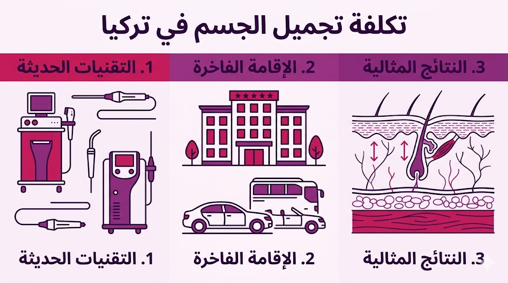  إنفوجرافيك مقسم لثلاثة أجزاء يشرح العوامل المؤثرة في تكلفة تجميل الجسم في تركيا من تقنيات وخدمات.