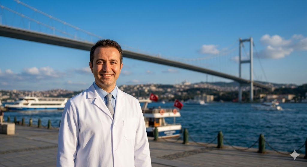 طبيب تجميل متميز يقف أمام جسر البوسفور في اسطنبول لتقديم خدمات متعلقة بـ تكلفة تجميل الجسم في تركيا.