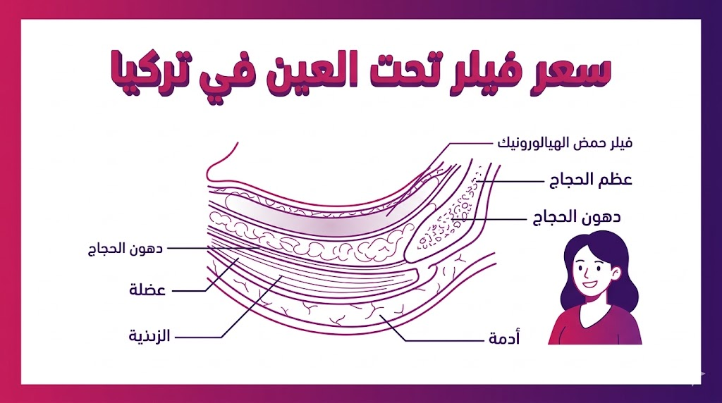 مخطط تشريحي تعليمي يوضح كيفية حقن الفيلر وعلاقة ذلك بـ سعر فيلر تحت العين في تركيا.