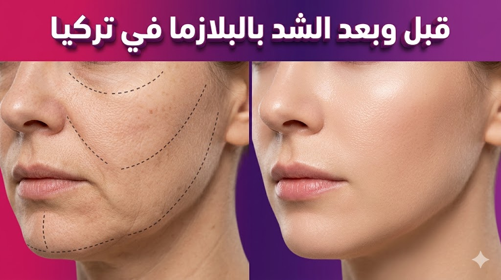مقارنة واقعية قبل وبعد الشد بالبلازما في تركيا تظهر تحسن مرونة البشرة واختفاء التجاعيد بوضوح.