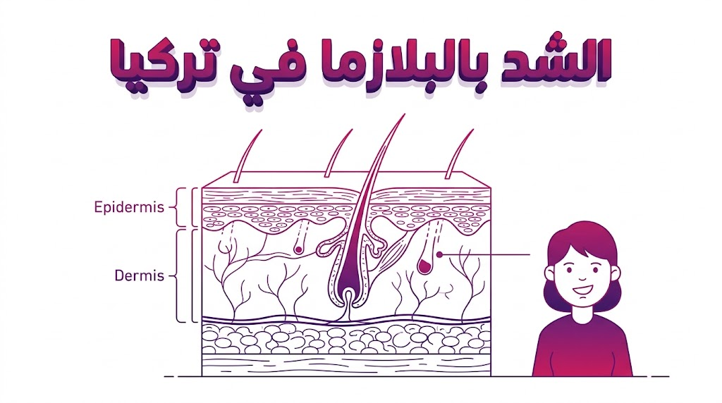  إنفوجرافيك طبي يوضح تشريح الجلد وكيفية عمل الشد بالبلازما في تركيا لتحفيز الأنسجة داخلياً.