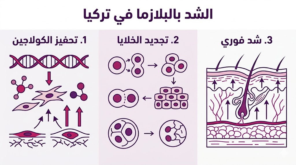 بوستر إنفوجرافيك علمي يلخص فوائد الشد بالبلازما في تركيا من حيث الكولاجين وتجديد الخلايا والشد الفوري.