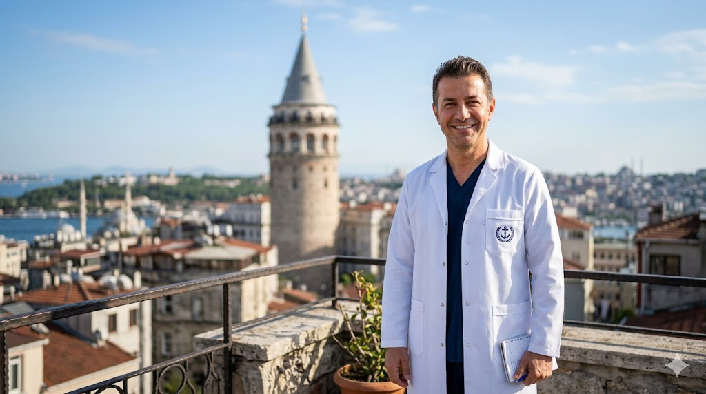طبيب تجميل متخصص في الشد بالبلازما في تركيا يقف أمام برج غالاتا التاريخي في اسطنبول.