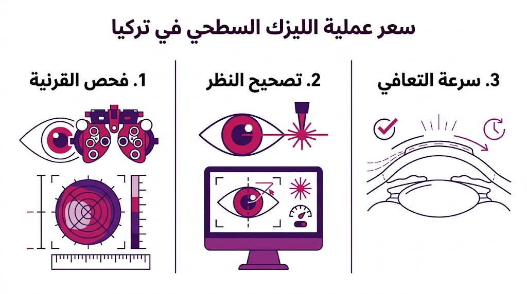  إنفوجرافيك مقسم لثلاث مراحل يشرح خطوات العملية و سعر عملية الليزك السطحي في تركيا.
