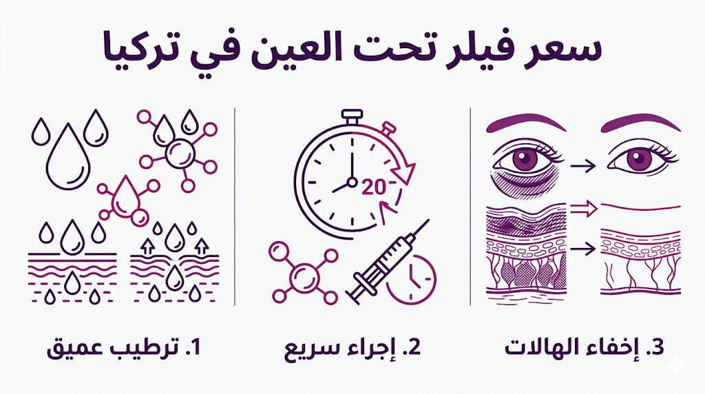 إنفوجرافيك طبي يبرز مميزات و سعر فيلر تحت العين في تركيا والنتائج المتوقعة.