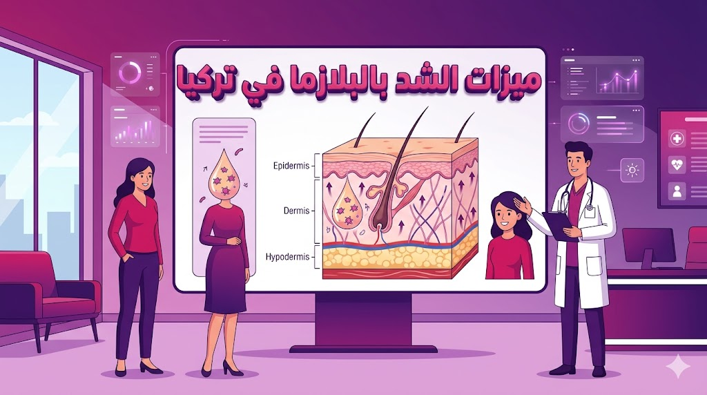 مخطط تشريحي طبي يوضح آلية عمل ميزات الشد بالبلازما في تركيا داخل طبقات الجلد.