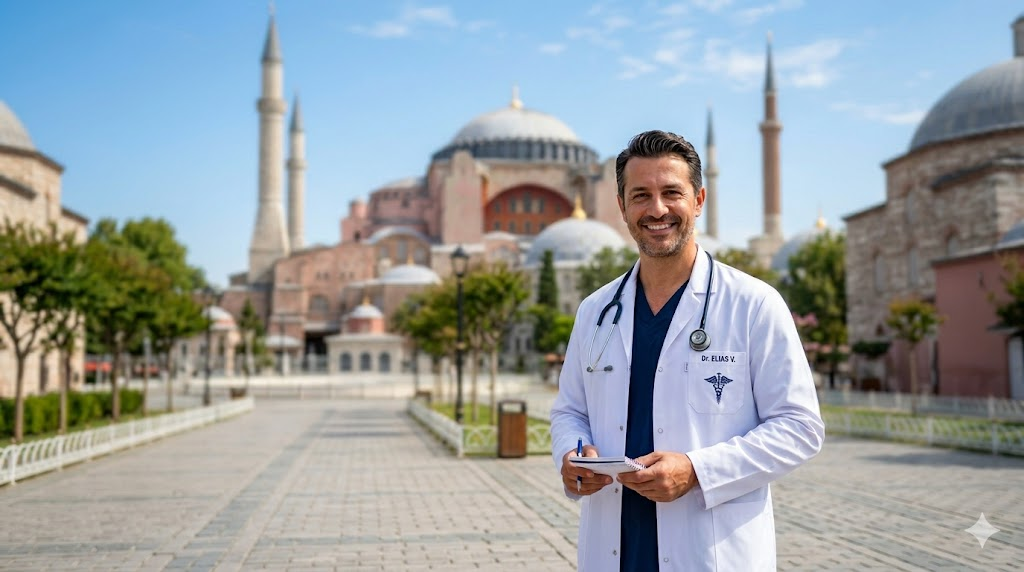 طبيب تجميل بابتسامة واثقة أمام جامع آيا صوفيا في إسطنبول، يرمز لخدمات ميزات الشد بالبلازما في تركيا.