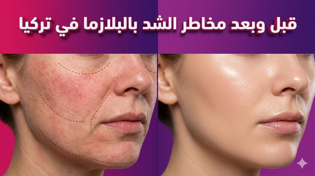 صورة "قبل وبعد" توضح مخاطر الشد بالبلازما في تركيا من خلال مقارنة بين تهيج البشرة المؤقت والنتيجة النهائية المثالية.