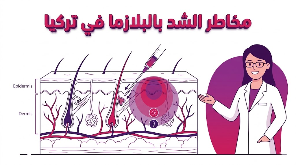  إنفوجرافيك طبي يشرح تشريح الجلد والعمق التقني للحقن لتوضيح مخاطر الشد بالبلازما في تركيا بشكل علمي.