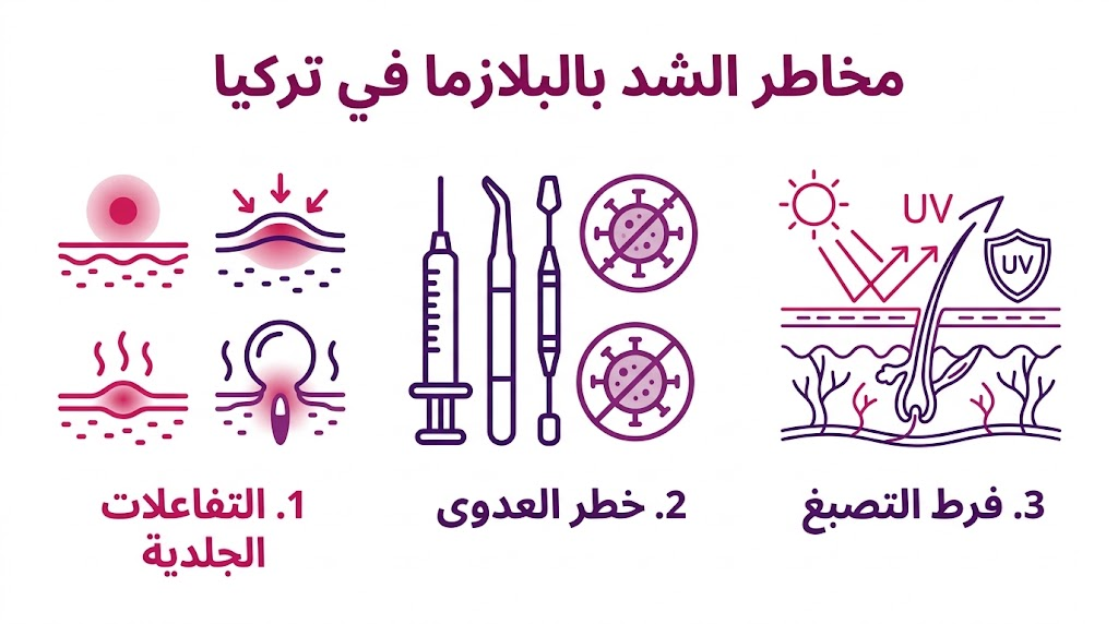 ملصق إنفوجرافيك مقسم لثلاثة أقسام يتناول أهم مخاطر الشد بالبلازما في تركيا وكيفية الوقاية منها.