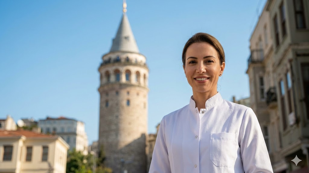 طبيب تجميل بملابس رسمية يقف أمام برج غالاتا في إسطنبول، يعبر عن الثقة والاحترافية في التعامل مع مخاطر الشد بالبلازما في تركيا.