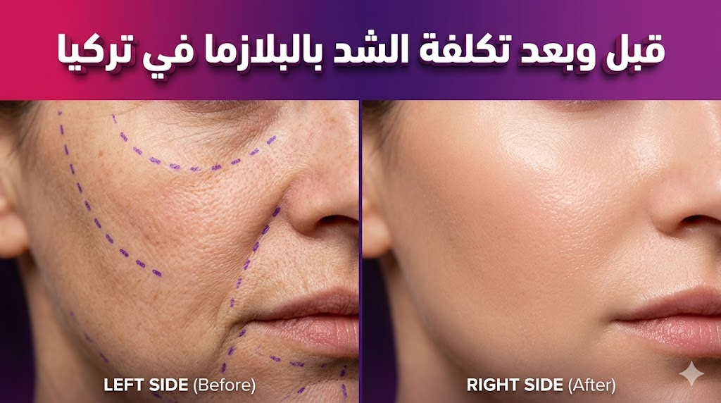 صورة قبل وبعد توضح نتائج و تكلفة الشد بالبلازما في تركيا على البشرة مع تخطيط طبي دقيق.