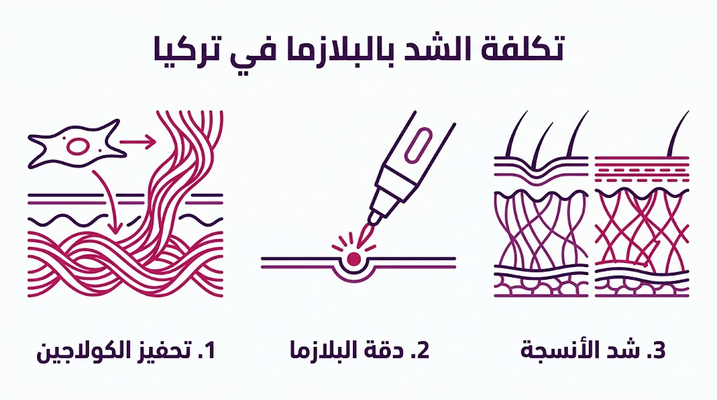  بوستر إنفوجرافيك يوضح خطوات و تكلفة الشد بالبلازما في تركيا من خلال تحفيز الكولاجين ودقة تقنية البلازما.