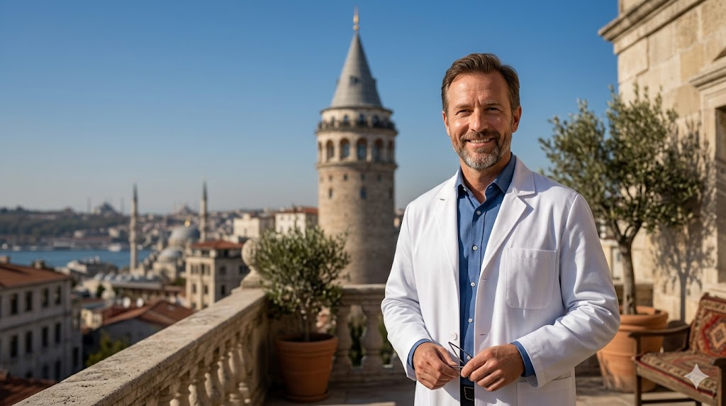 طبيب تجميل في إسطنبول يشرح تكلفة و سعر فيلر تحت العين في تركيا أمام برج غالاتا.