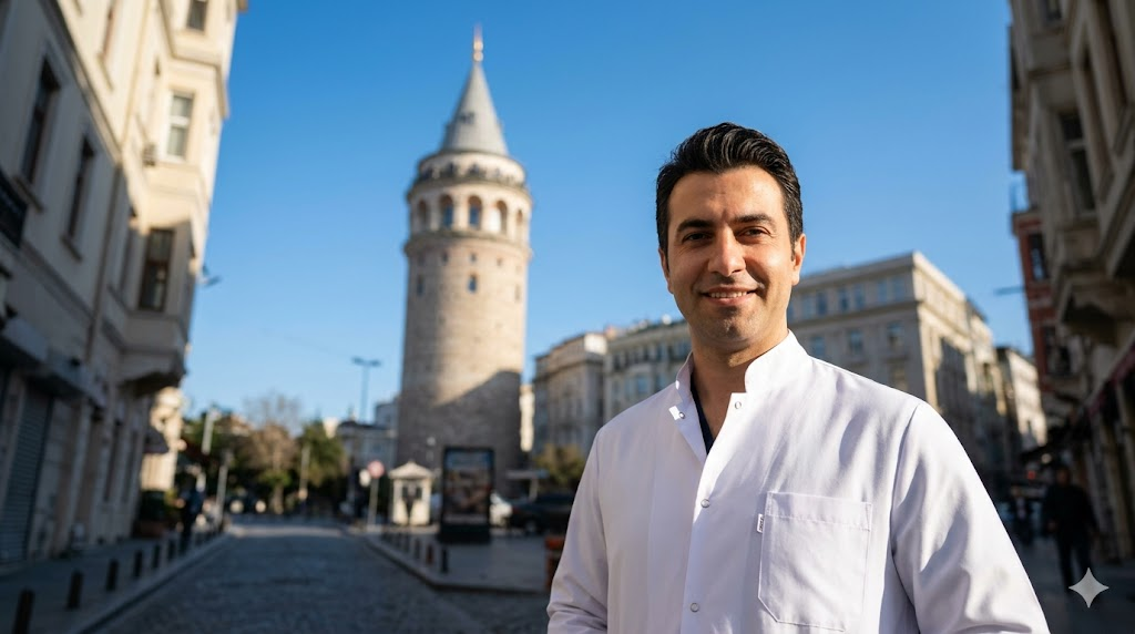 طبيب تجميل متخصص يقف أمام برج غالاتا في إسطنبول، لتقديم استشارات حول تكلفة الشد بالبلازما في تركيا.