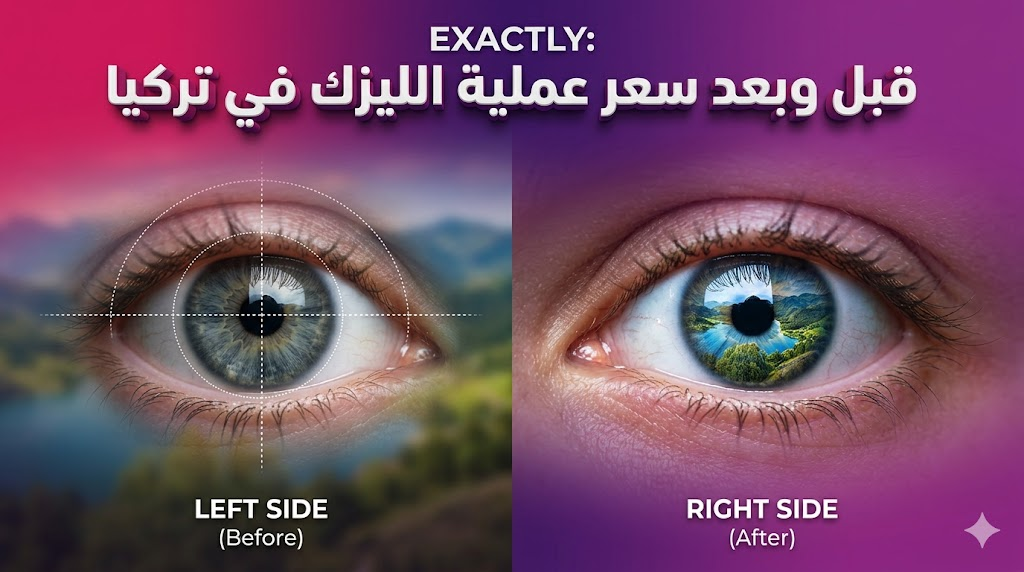  مقارنة قبل وبعد توضح نتائج تحسين الرؤية المرتبطة بـ سعر عملية الليزك في تركيا مع تخطيط طبي دقيق.