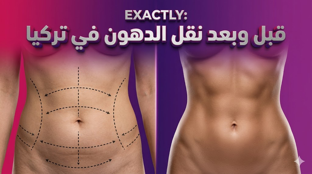 صورة "قبل وبعد" توضح نتائج نقل الدهون في تركيا مع علامات جراحية دقيقة وتصميم ثلاثي الأبعاد للنص العربي فوق خلفية متدرجة فاخرة.