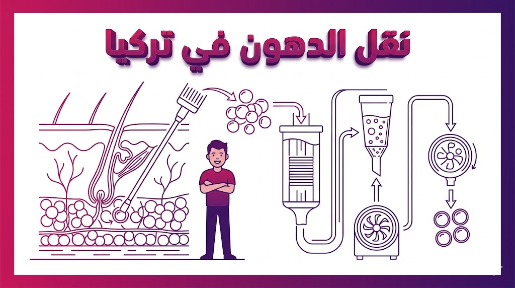 إنفوجرافيك طبي يوضح العلم وراء عملية نقل الدهون في تركيا مع مخطط تشريحي دقيق للخلايا الدهنية ورسم لشخصية واثقة.