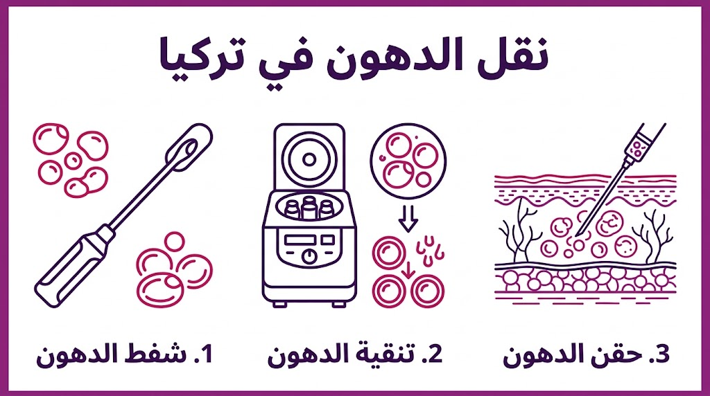 بوستر إنفوجرافيك تعليمي مقسم لثلاث مراحل توضح خطوات شفط وتنقية وحقن الدهون ضمن عملية نقل الدهون في تركيا.