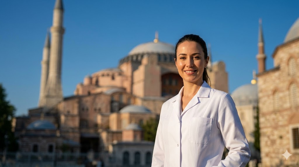 طبيب تجميل يبتسم بثقة أمام جامع آيا صوفيا في اسطنبول، يرمز لنجاح عمليات نقل الدهون في تركيا بأسلوب تصوير احترافي.