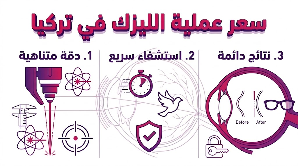  إنفوجرافيك طبي يوضح مميزات وسعر عملية الليزك في تركيا من حيث الدقة والسرعة والنتائج.