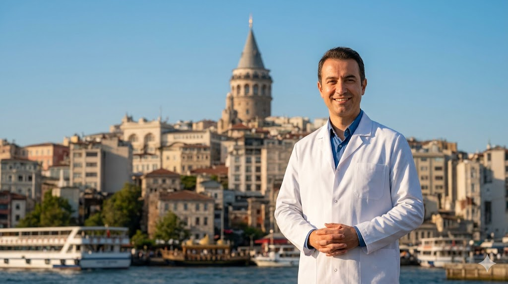 طبيب عيون مختص يقف أمام برج غالاتا في إسطنبول للترويج لـ سعر عملية الليزك في تركيا.