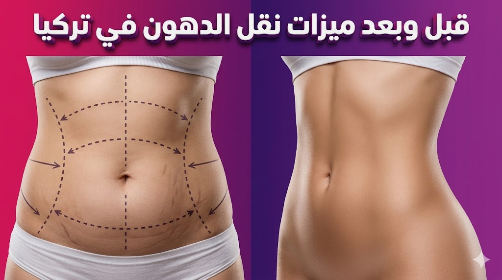 مقارنة قبل وبعد تظهر ميزات نقل الدهون في تركيا على قوام المريض مع علامات التخطيط الجراحي والنتائج النهائية.