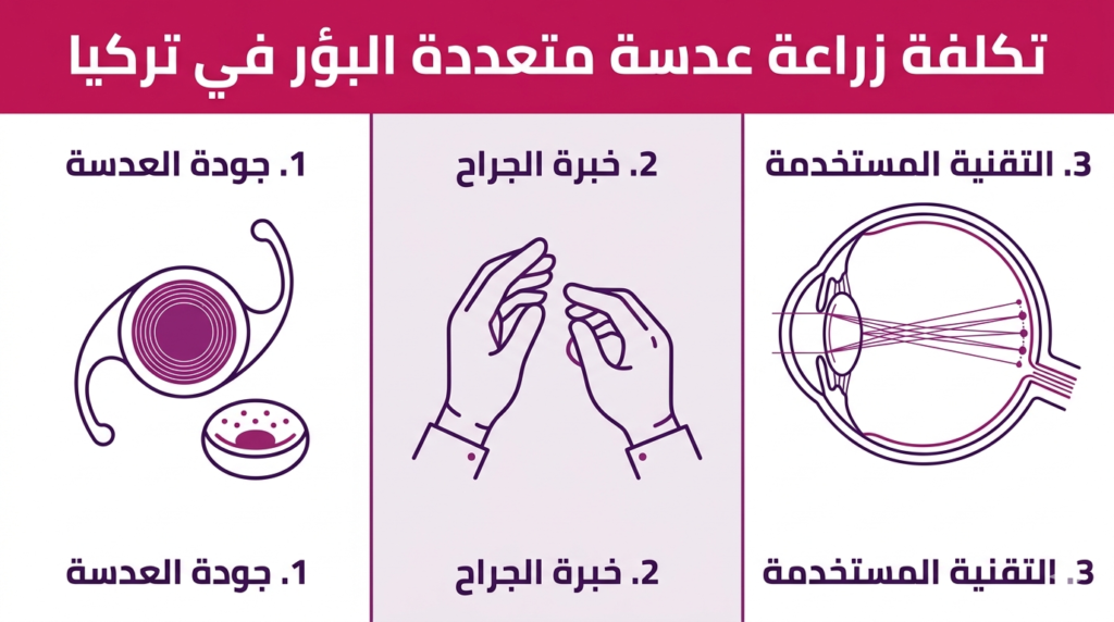 إنفوجرافيك يوضح العوامل المؤثرة في تكلفة زراعة عدسة متعددة البؤر في تركيا مثل نوع العدسة وخبرة الطبيب.