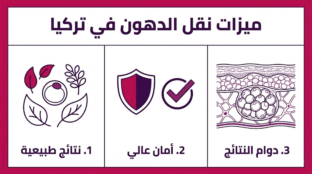 بوستر إنفوجرافيك يلخص أهم 3 ميزات نقل الدهون في تركيا من حيث النتائج والأمان والاستمرارية.