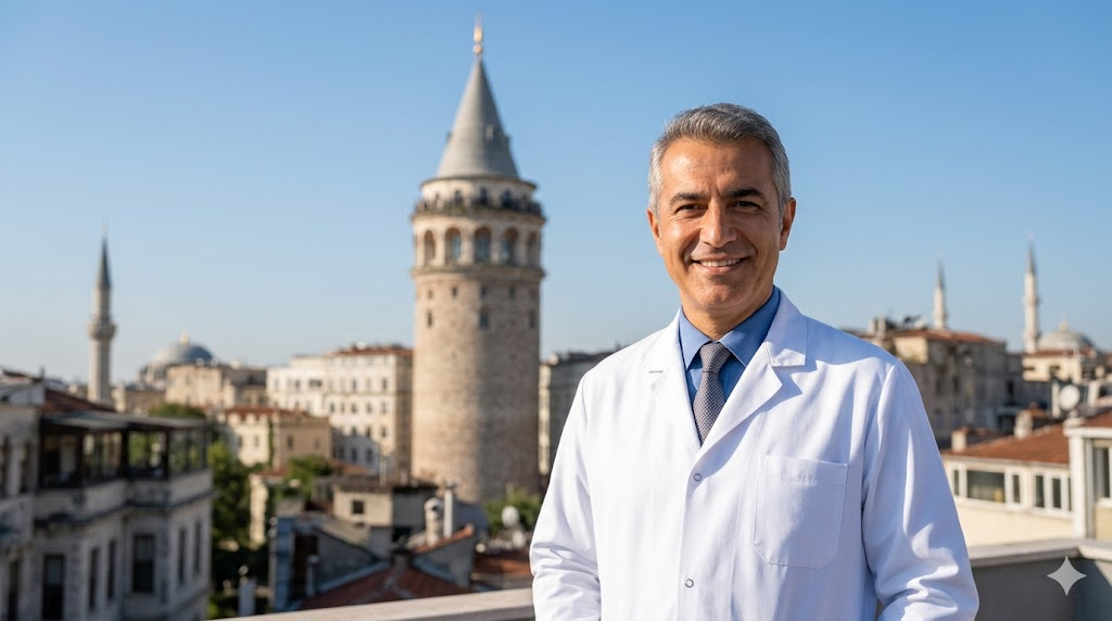  جراح تجميل خبير يقف أمام برج غالاتا في اسطنبول، يرمز لخبرة الأطباء في تقديم أفضل ميزات نقل الدهون في تركيا.