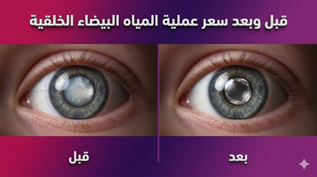  صورة مقارنة قبل وبعد توضح نتائج سعر عملية المياه البيضاء الخلقية واستعادة صفاء العين.
