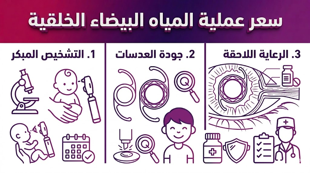  بوستر طبي يوضح العوامل المؤثرة في سعر عملية المياه البيضاء الخلقية وجودة الرعاية.