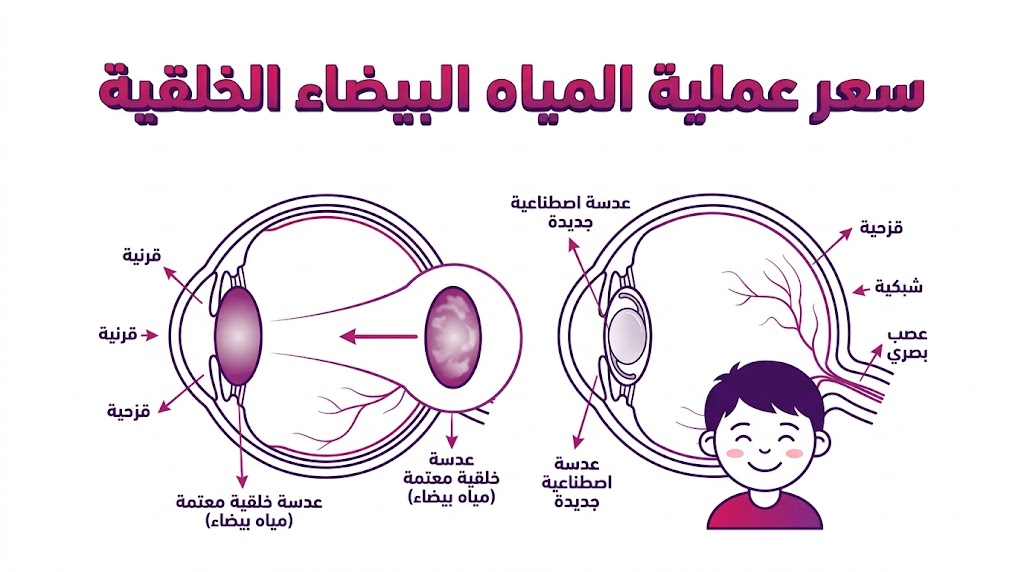  إنفوجرافيك تعليمي يوضح التشريح الطبي والخطوات التقنية المرتبطة بـ سعر عملية المياه البيضاء الخلقية.