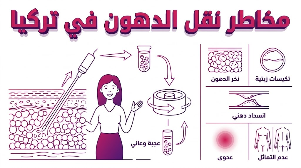 إنفوجرافيك طبي يوضح العلم وراء حقن الخلايا الدهنية وكيفية الحد من مخاطر نقل الدهون في تركيا.