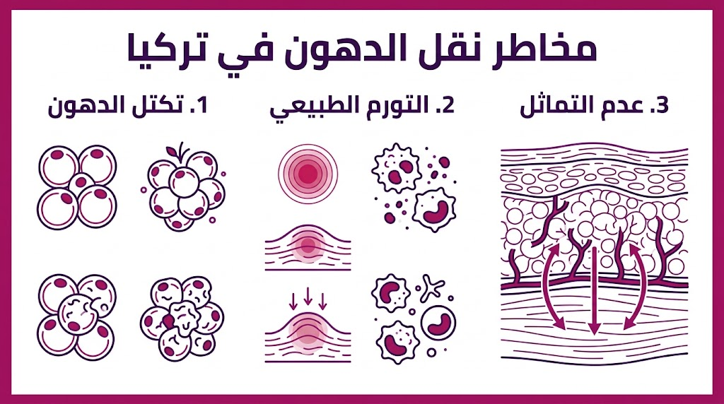 بوستر إنفوجرافيك مقسم لثلاثة أجزاء يشرح تكتل الدهون والتورم وعدم التماثل ضمن مخاطر نقل الدهون في تركيا.