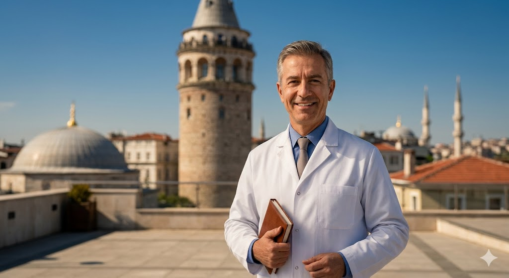 طبيب تجميل خبير يقف أمام برج غالاتا في اسطنبول لتقديم استشارات حول مخاطر نقل الدهون في تركيا.