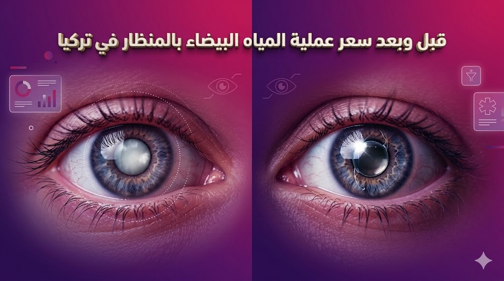  مقارنة قبل وبعد تظهر تحول العين من العتامة إلى الوضوح التام بعد معرفة سعر عملية المياه البيضاء بالمنظار في تركيا وإجرائها.