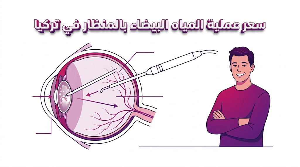 إنفوجرافيك تشريحي يوضح تقنية المنظار في علاج العين بجانب سعر عملية المياه البيضاء بالمنظار في تركيا.