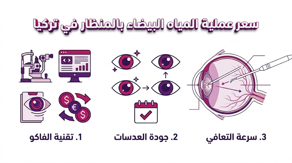  بوستر معلوماتي طبي يوضح مميزات وسعر عملية المياه البيضاء بالمنظار في تركيا من خلال تقنيات الفاكو والعدسات الحديثة.