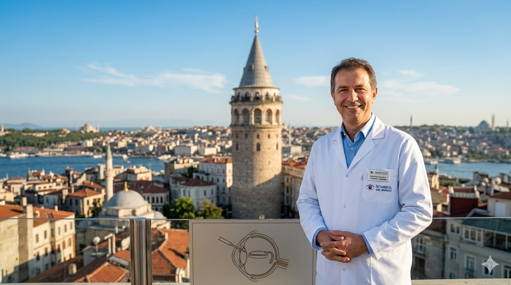 طبيب متخصص يقف أمام برج غالاتا في إسطنبول، تعبيراً عن الجودة الطبية المرتبطة بـ سعر عملية المياه البيضاء بالمنظار في تركيا.