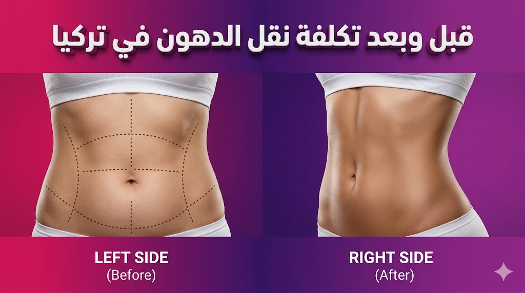 صورة مقارنة "قبل وبعد" توضح نتائج عملية نحت الجسم وتأثير تكلفة نقل الدهون في تركيا على القوام.