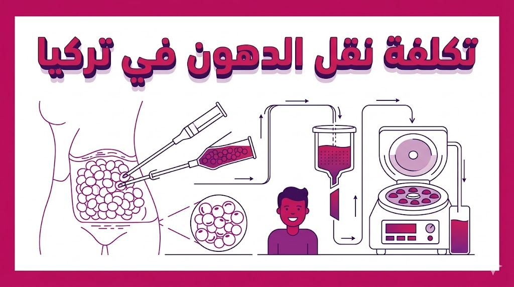 مخطط انفوجرافيك تعليمي يوضح المراحل العلمية والطبية المرتبطة بـ تكلفة نقل الدهون في تركيا.