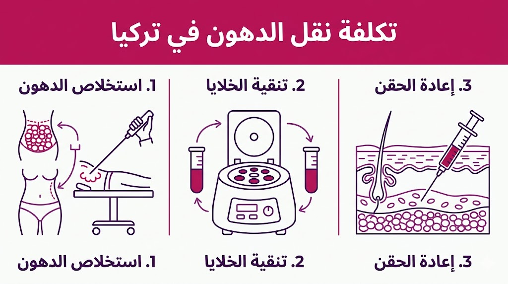 بوستر إنفوجرافيك يشرح مراحل العمليات التي تحدد تكلفة نقل الدهون في تركيا بأسلوب الرسم الهندسي.