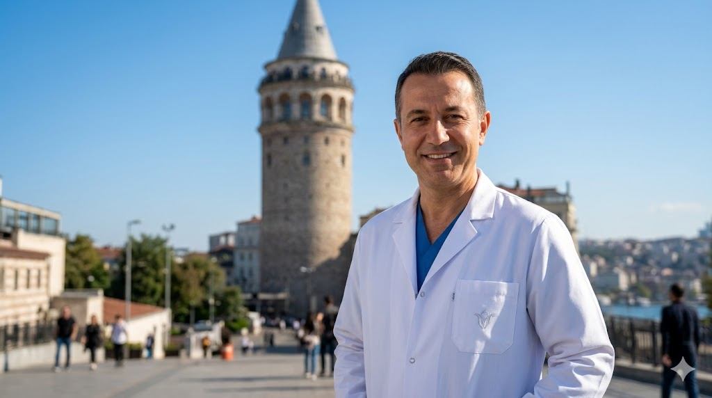 طبيب تجميل متخصص يقف أمام برج غالاتا، يمثل خبرة الأطباء وجودة تكلفة نقل الدهون في تركيا.